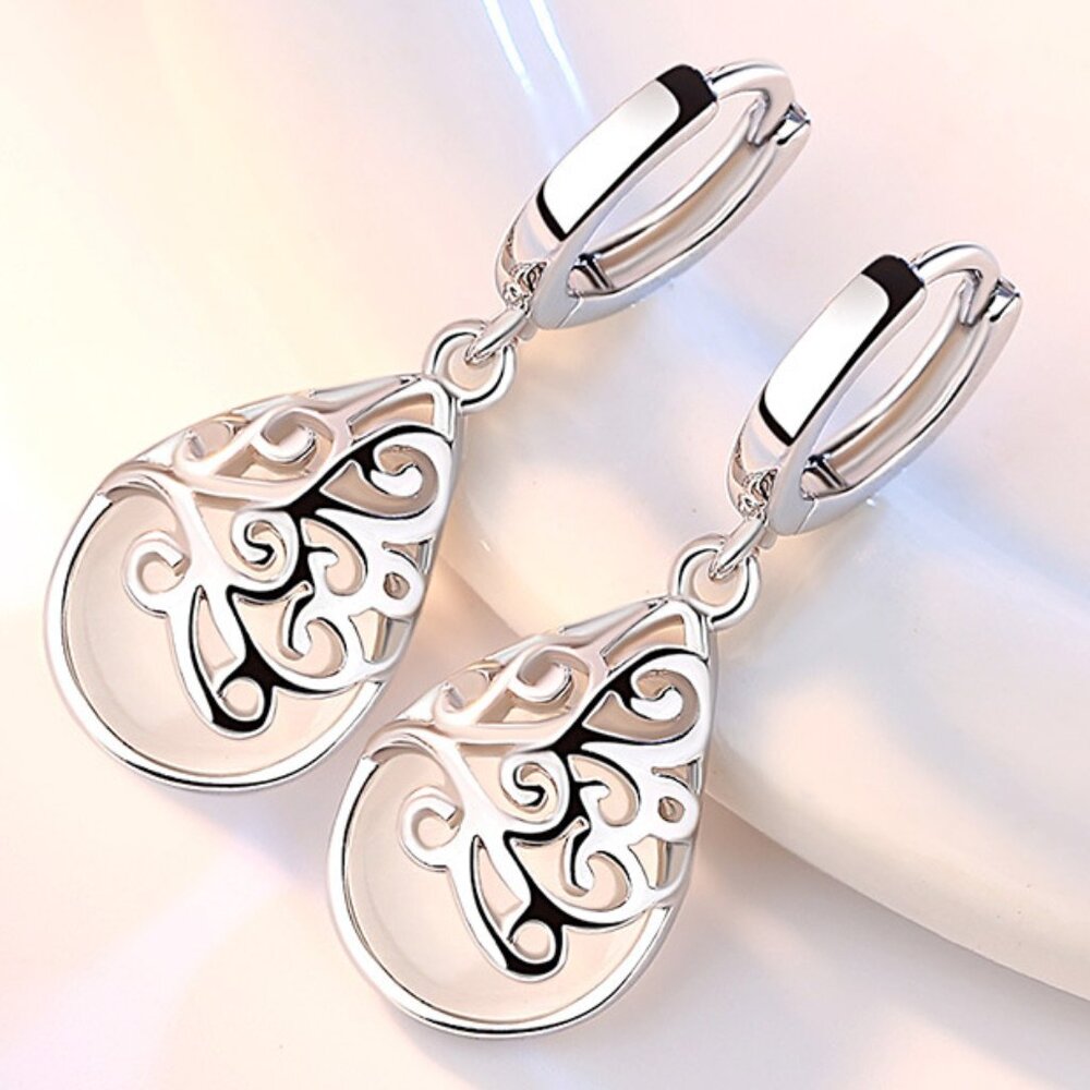 🔥NEW 14K White Gold Plated 🤍White CZ Pear Charm Water Drop Earrings, GPMB1414